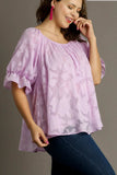Umgee Full Size Jacquard Round Neck Ruffled Puff Sleeve Blouse Plus Size - Trendsi - Flyclothing LLC
