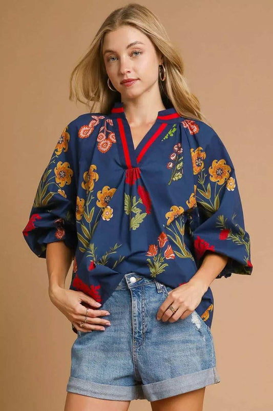 Umgee Floral Print Flounce Sleeve Blouse - Trendsi - Flyclothing LLC