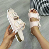 Raw Hem Open Toe Double Buckle Sandals - Trendsi - Flyclothing LLC