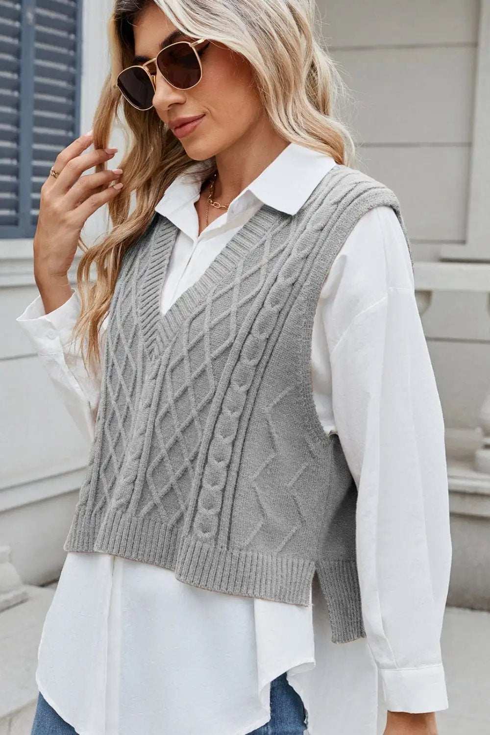 Cable-Knit V-Neck Sweater Vest - Trendsi - Flyclothing LLC