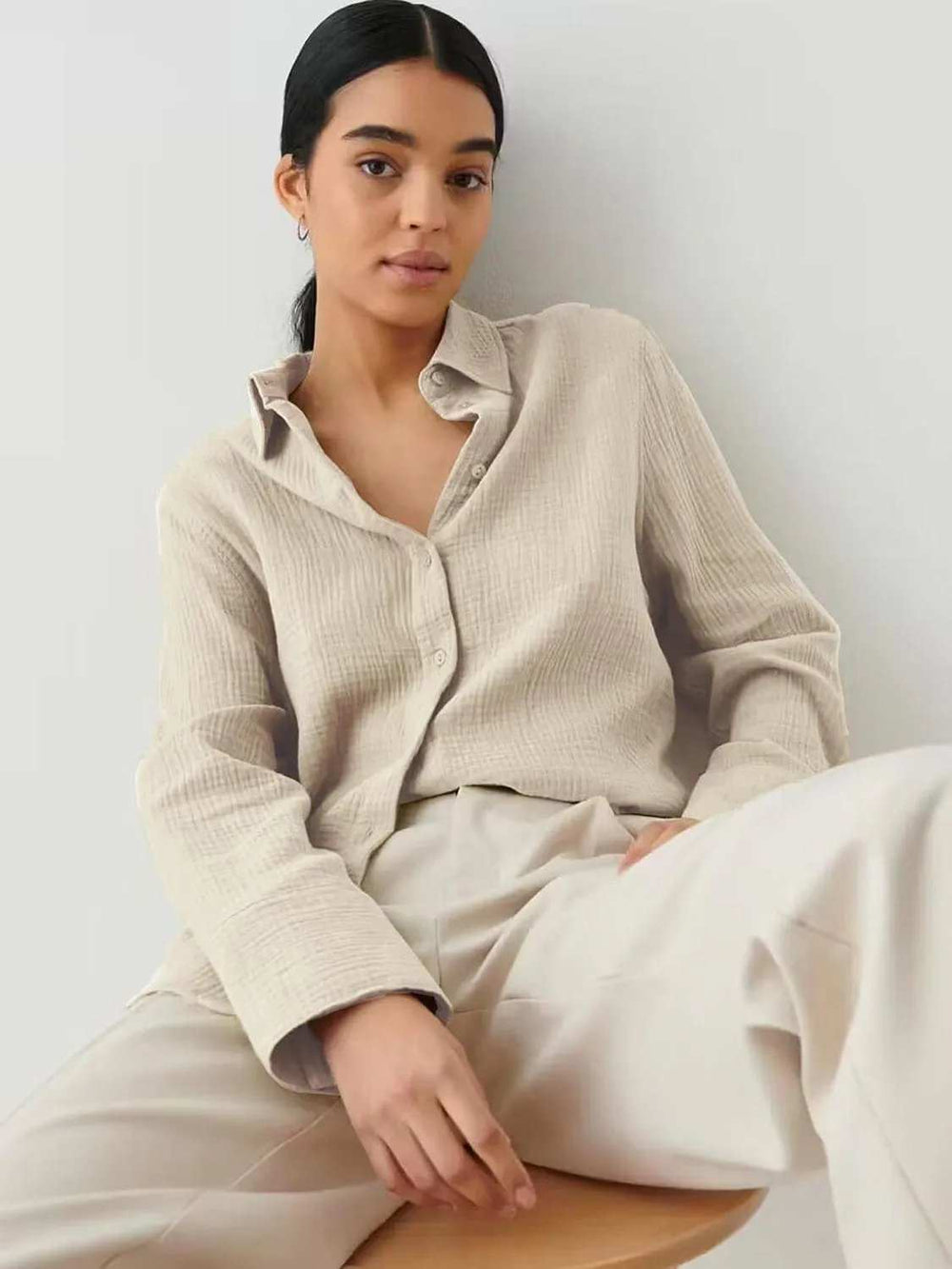 Textured Collared Neck Long Sleeve Shirt - Trendsi - Flyclothing LLC