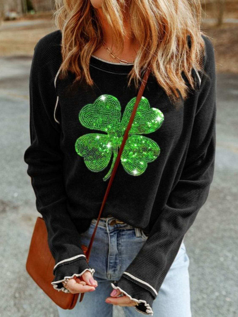 Sequin Lucky Clover Lettuce Trim Long Sleeve Top - Trendsi - Flyclothing LLC