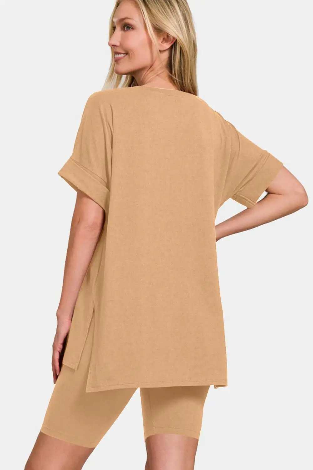 Zenana V-Neck Short Sleeve T-Shirt and Biker Shorts Set - Trendsi - Flyclothing LLC