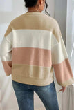 Color Block Round Neck Lantern Sleeve Sweater - Trendsi - Flyclothing LLC