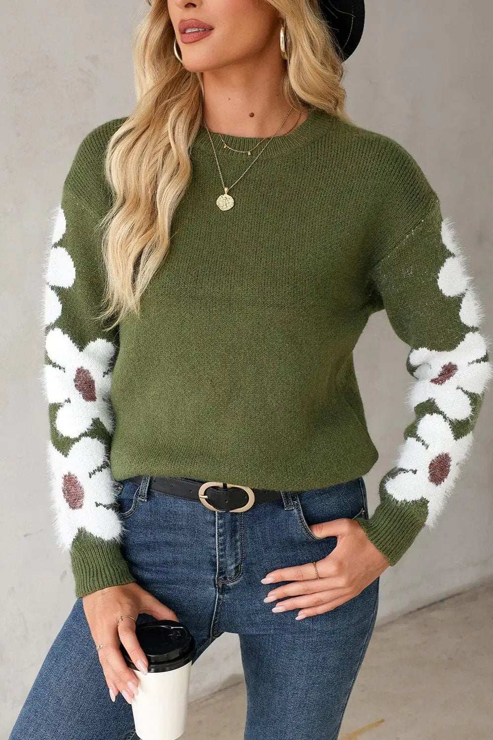 Flower Round Neck Long Sleeve Sweater - Trendsi - Flyclothing LLC