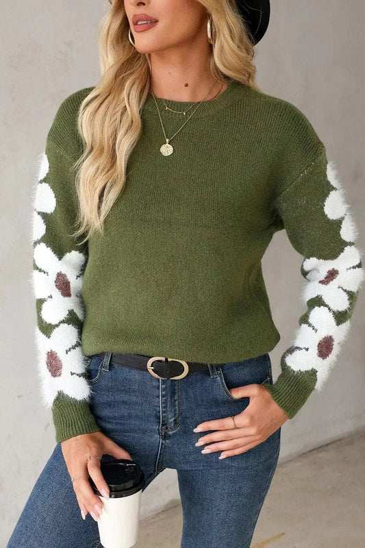 Flower Round Neck Long Sleeve Sweater - Trendsi - Flyclothing LLC