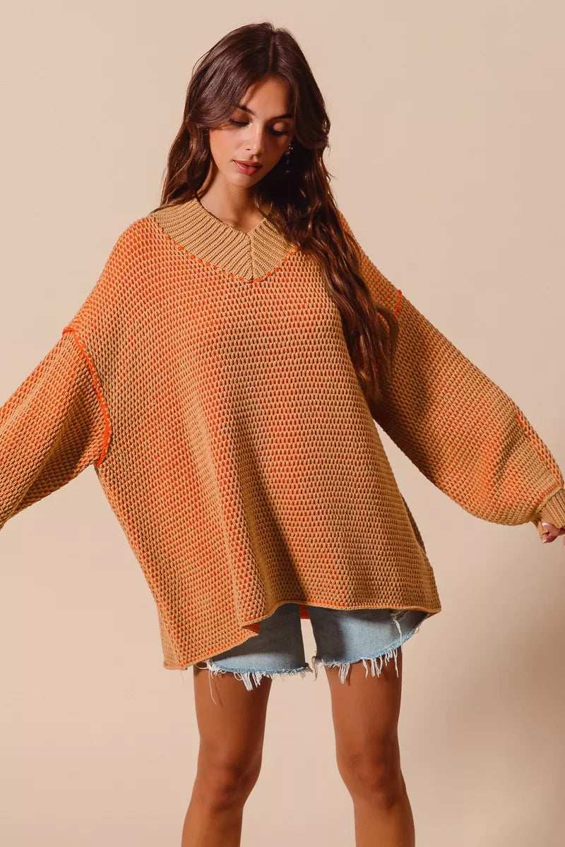 SO ME Oversized Two Tone Textured V Neck Sweater - Trendsi - Flyclothing LLC