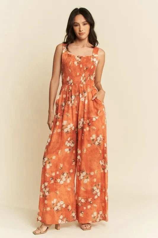 Davi & Dani Floral Ruffle Square Neck Smocking Bodice Jumpsuit - Trendsi - Flyclothing LLC