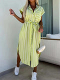 Striped Tie Waist Short Sleeve Dress - Trendsi - Flyclothing LLC