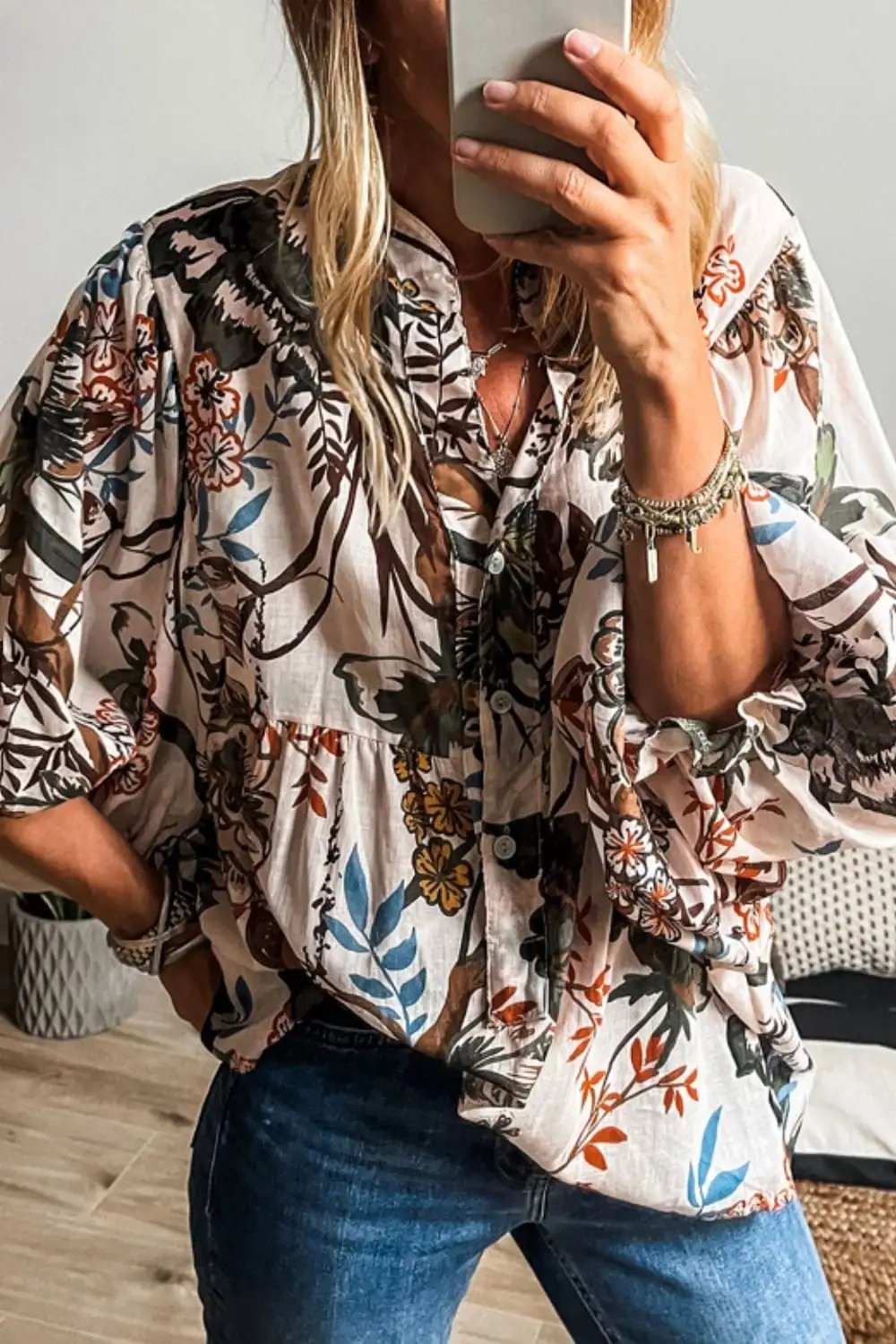 Printed Notched Flounce Sleeve Blouse - Trendsi - Flyclothing LLC