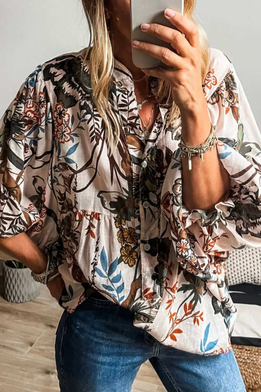 Printed Notched Flounce Sleeve Blouse - Trendsi - Flyclothing LLC