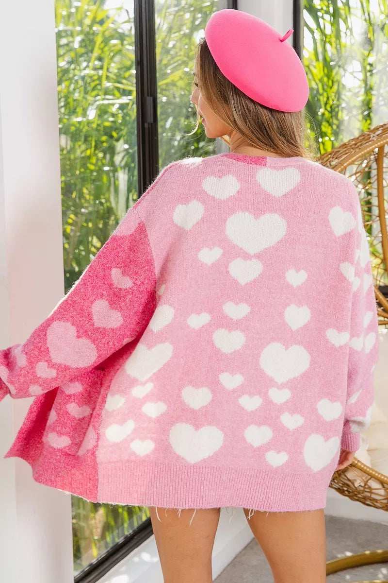 BiBi Heart Color Block V-Beck Knit Cardigan with Pockets - Trendsi - Flyclothing LLC