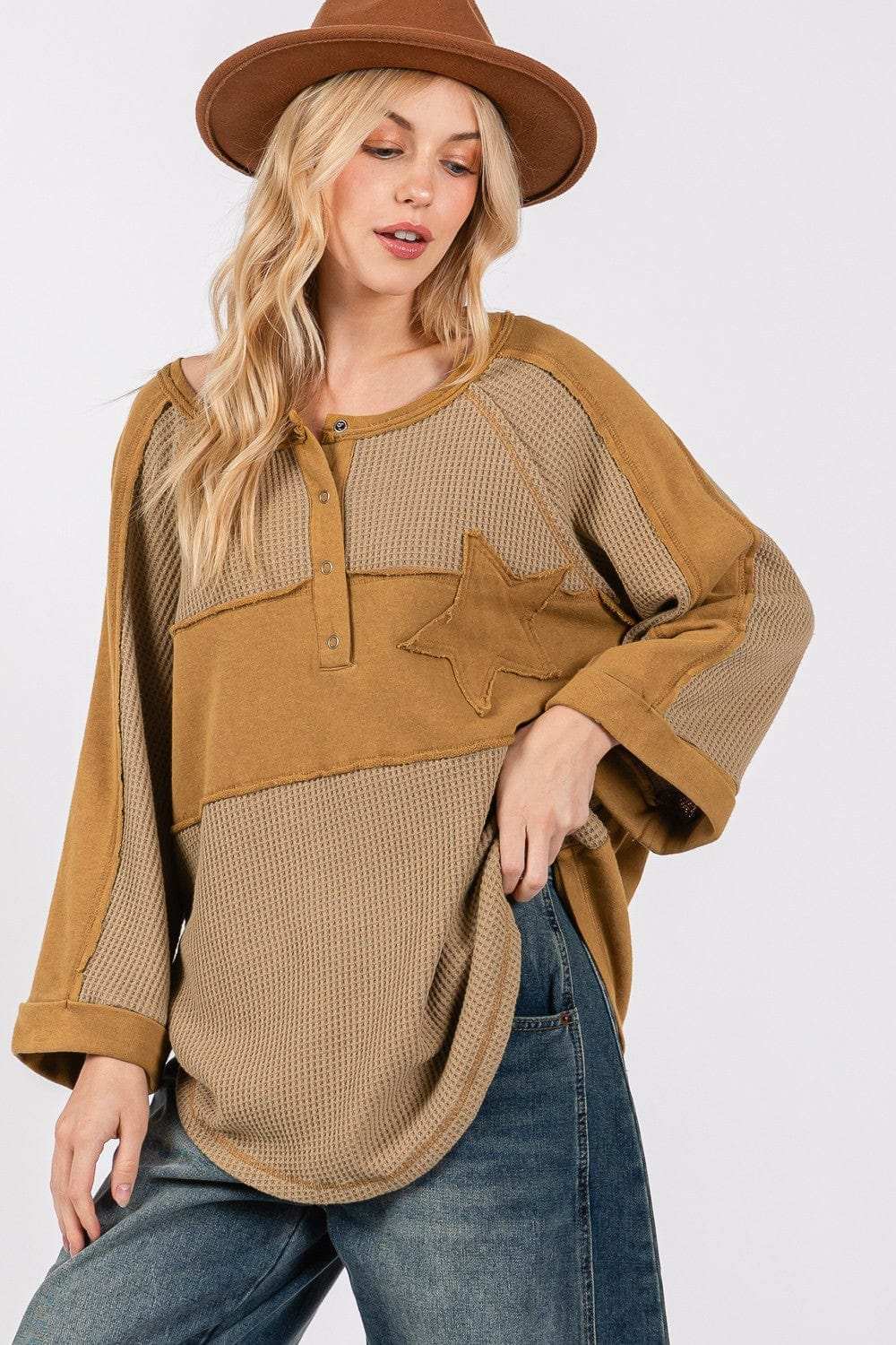 SAGE + FIG Star Applique Patch Exposed Seam Waffle Knit Top - Trendsi - Flyclothing LLC