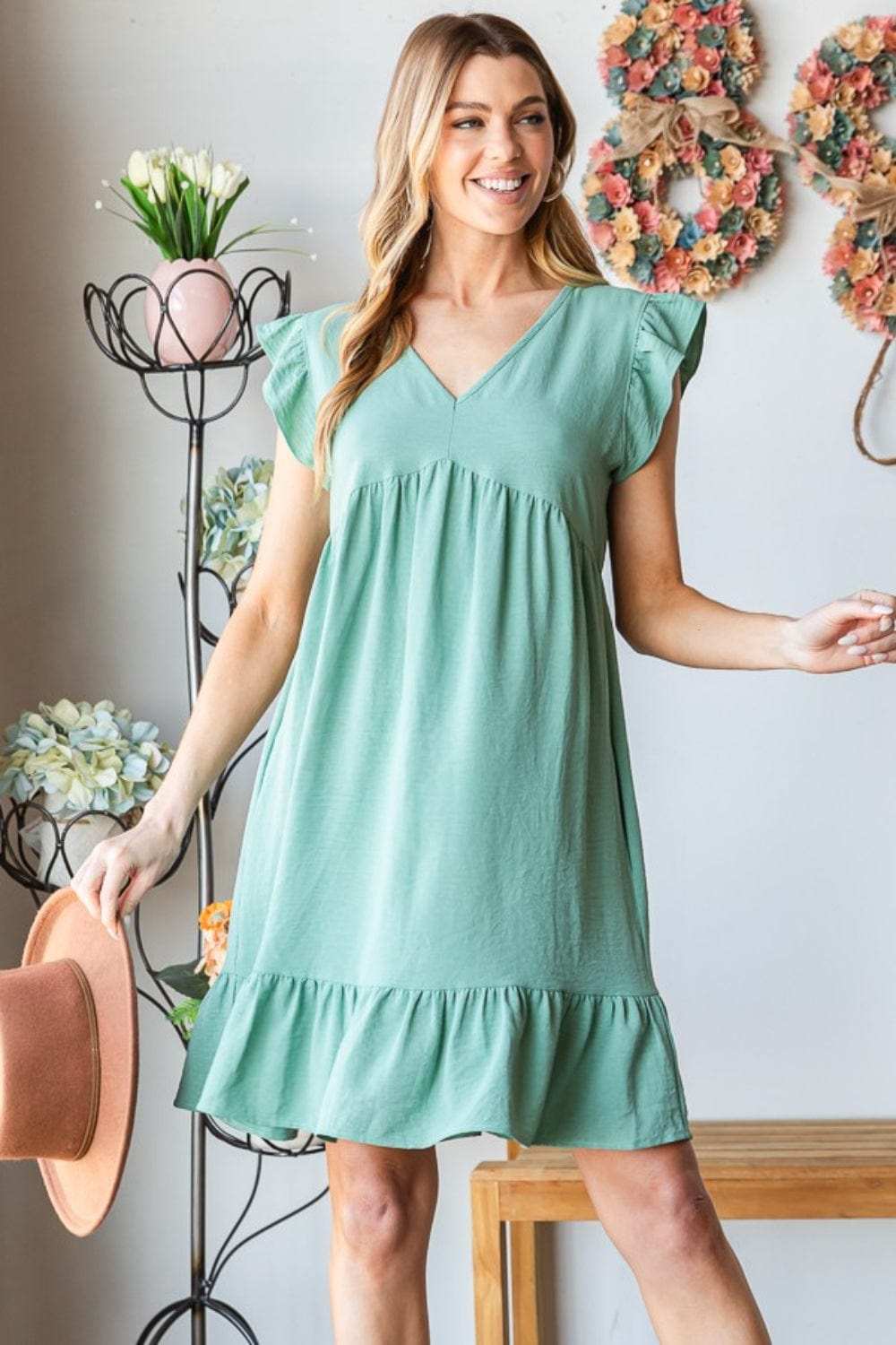 Heimish Full Size Short Sleeve V Neck Ruffled Hem Dress - Trendsi - Flyclothing LLC