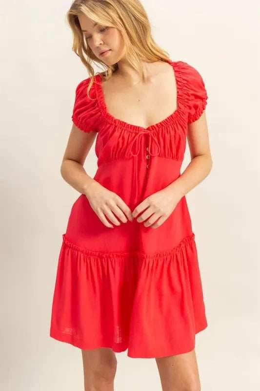 HYFVE Ruched Frill Tiered Short Sleeve Mini Dress - Trendsi - Flyclothing LLC