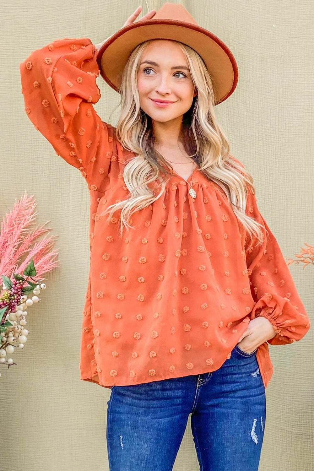 And The Why Swiss Dot V Neck Balloon Sleeve Woven Blouse - Trendsi - Flyclothing LLC