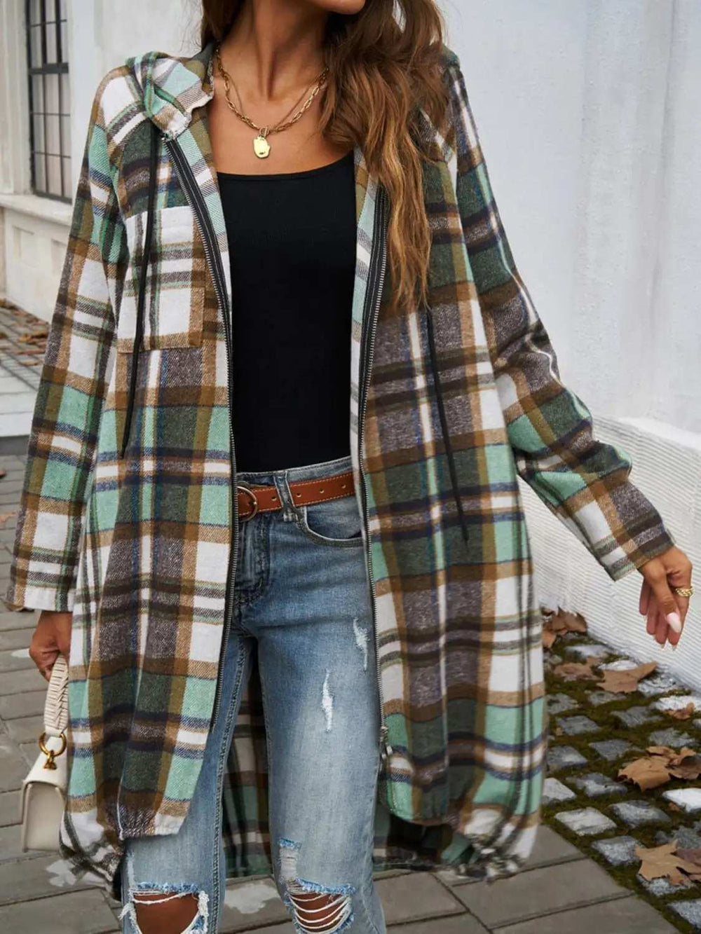 Plaid Zip Up Hooded Coat - Trendsi - Flyclothing LLC