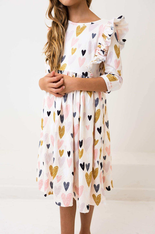 I Heart You 3/4 Sleeve Ruffle Twirl Dress - Mila & Rose ® - Flyclothing LLC