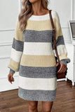 Color Block Boat Neck Long Sleeve Sweater Dress - Trendsi - Flyclothing LLC