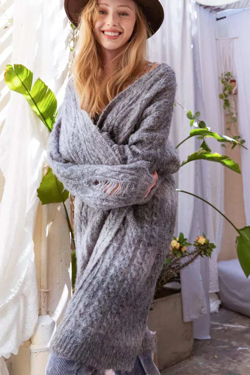 POL Distressed Cable-Knit Ombre Dying Cardigan - Trendsi - Flyclothing LLC