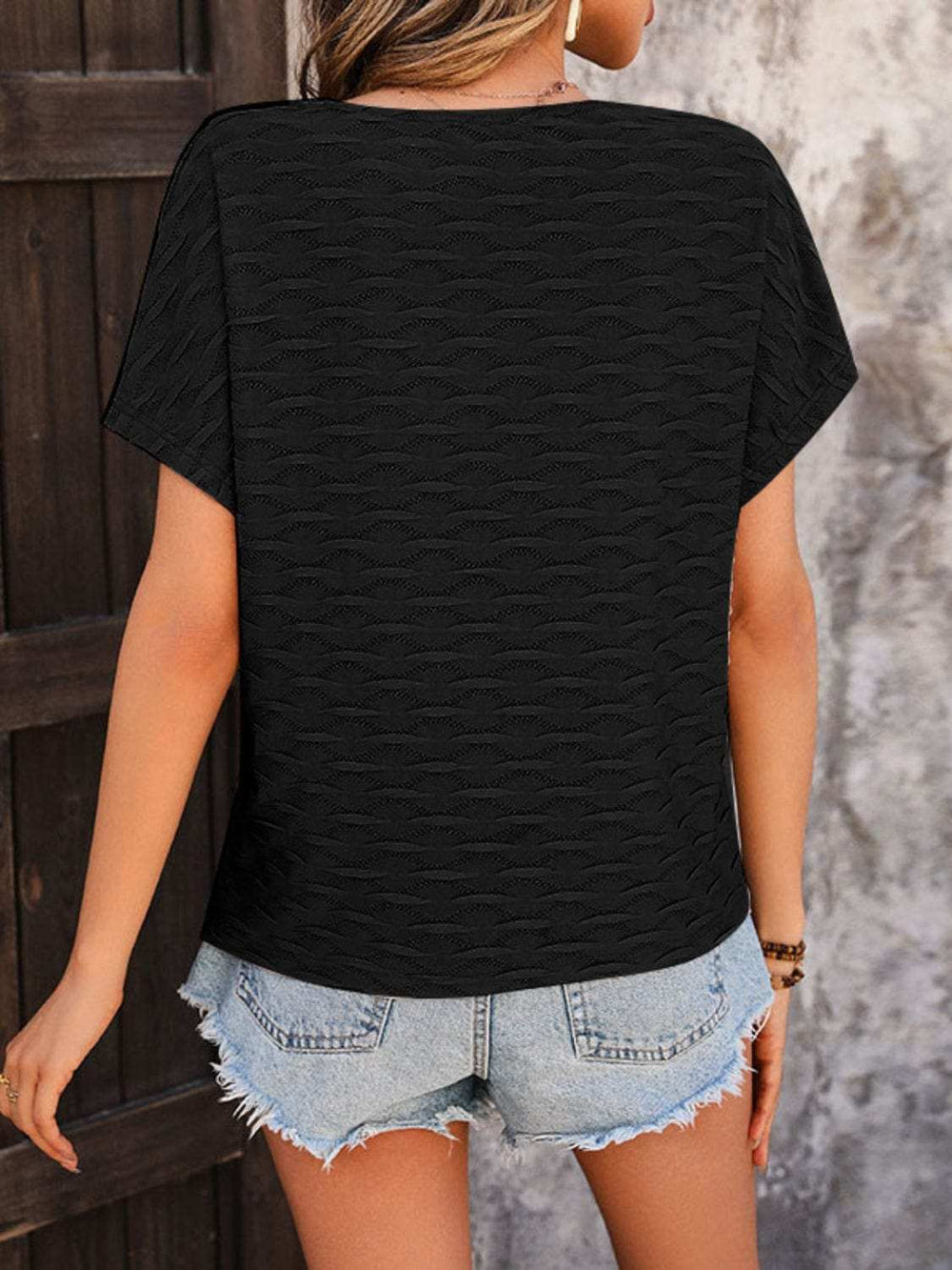 Round Neck Short Sleeve Blouse - Trendsi - Flyclothing LLC