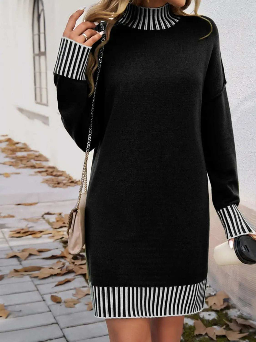 Striped Mock Neck Long Sleeve Sweater Dress - Trendsi - Flyclothing LLC