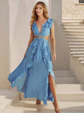 Cutout Ruffled Cap Sleeve Maxi Dress - Trendsi - Flyclothing LLC