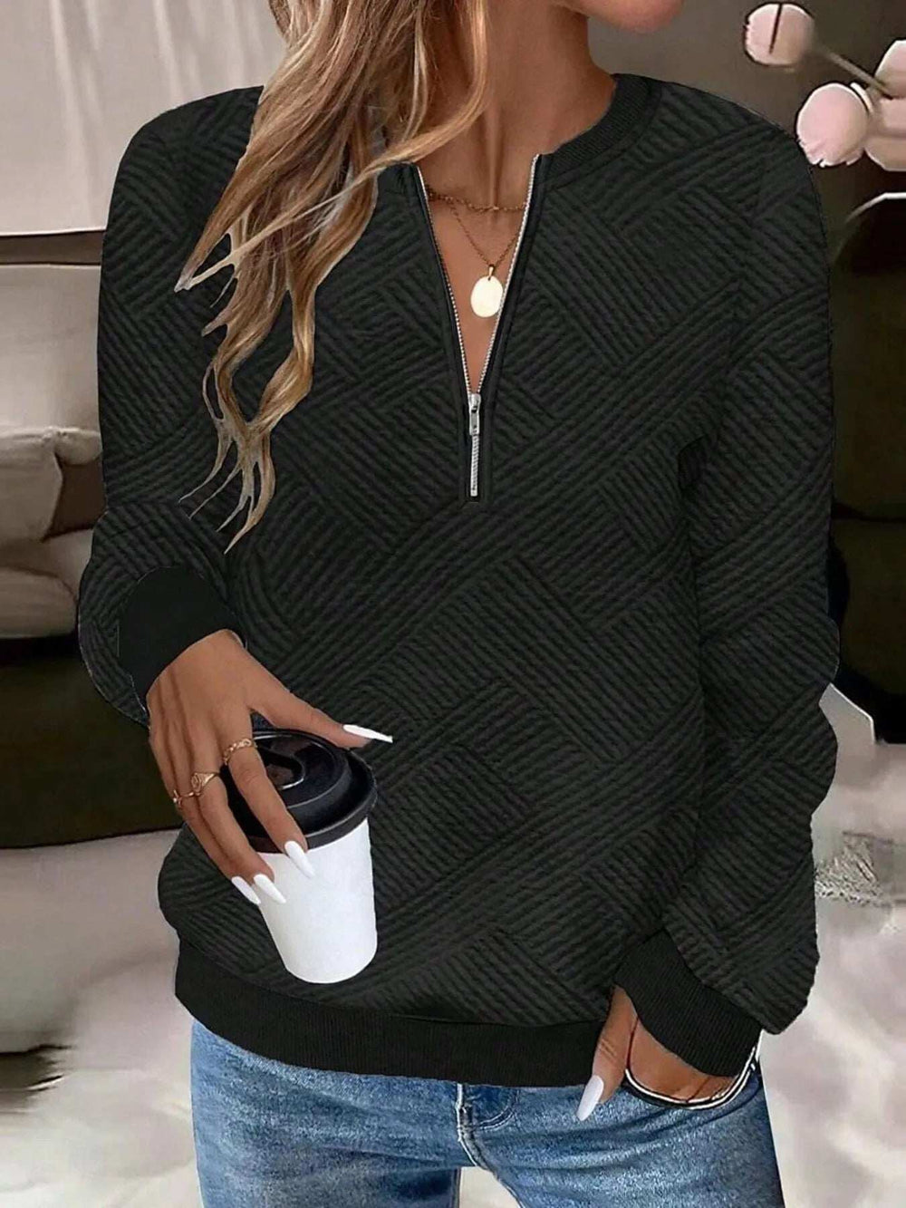 Quarter Zip Textured Long Sleeve Sweatshirt - Trendsi - Flyclothing LLC