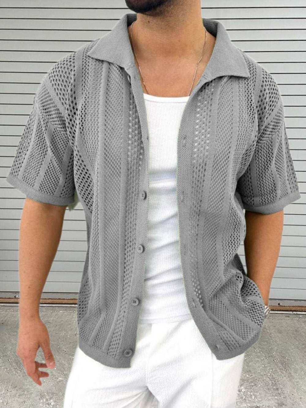 Men's Button Down Collared Neck Hollow Out Shirt - Trendsi - Flyclothing LLC