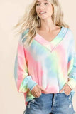 BiBi Tie Dye French Terry V-Neck Top with Puff Sleeves - Trendsi - Flyclothing LLC
