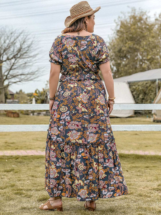 Plus Size Tie Neck Short Sleeve Top and Skirt Set - Trendsi - Flyclothing LLC