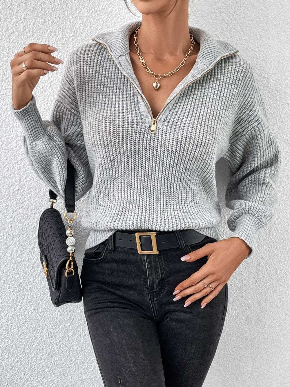 Honey Half Zip Dropped Shoulder Sweater - Trendsi - Flyclothing LLC