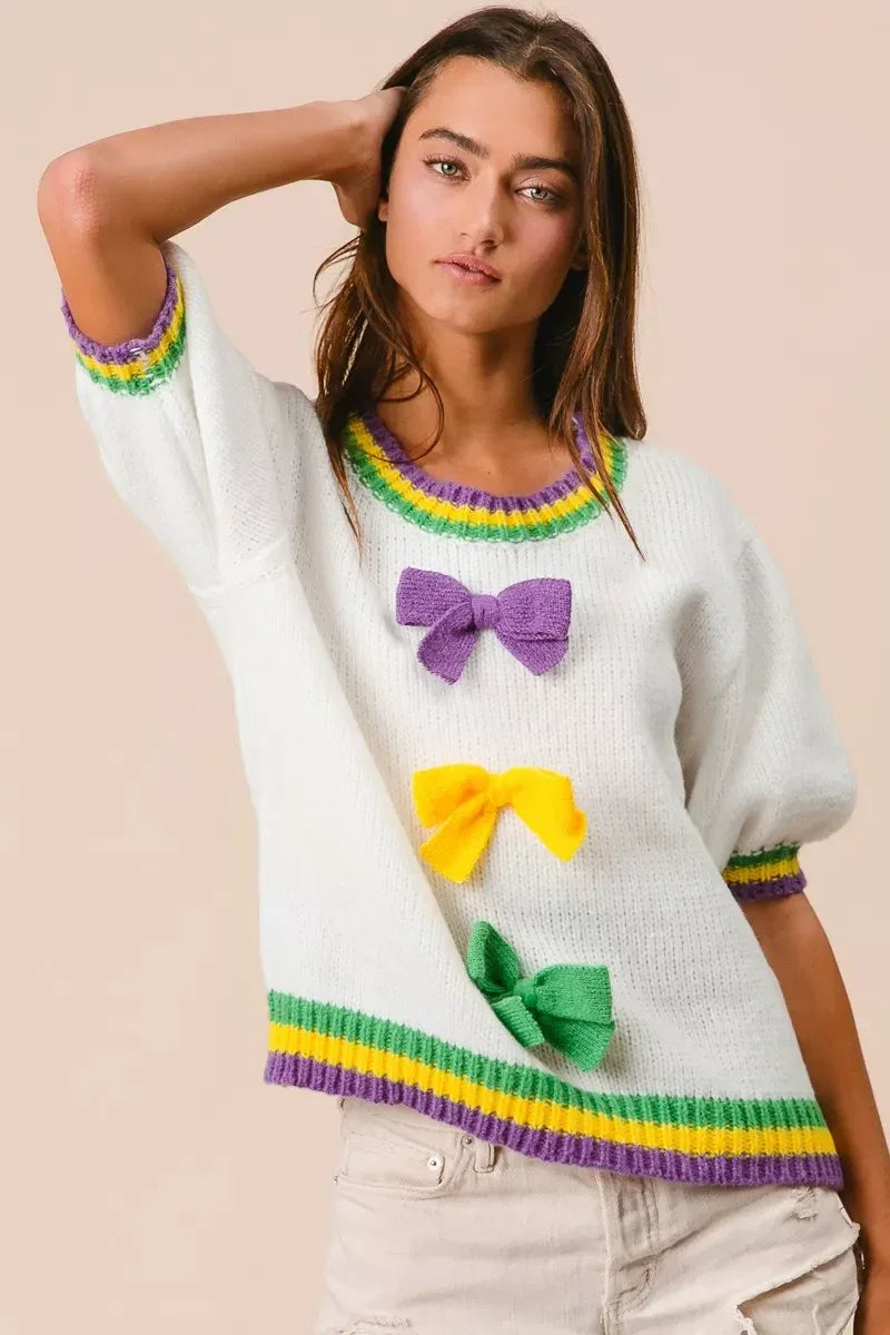 BiBi Short Puff Sleeve Ribbon Bow Mardi Gras Sweater - Trendsi - Flyclothing LLC