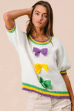 BiBi Short Puff Sleeve Ribbon Bow Mardi Gras Sweater - Trendsi - Flyclothing LLC