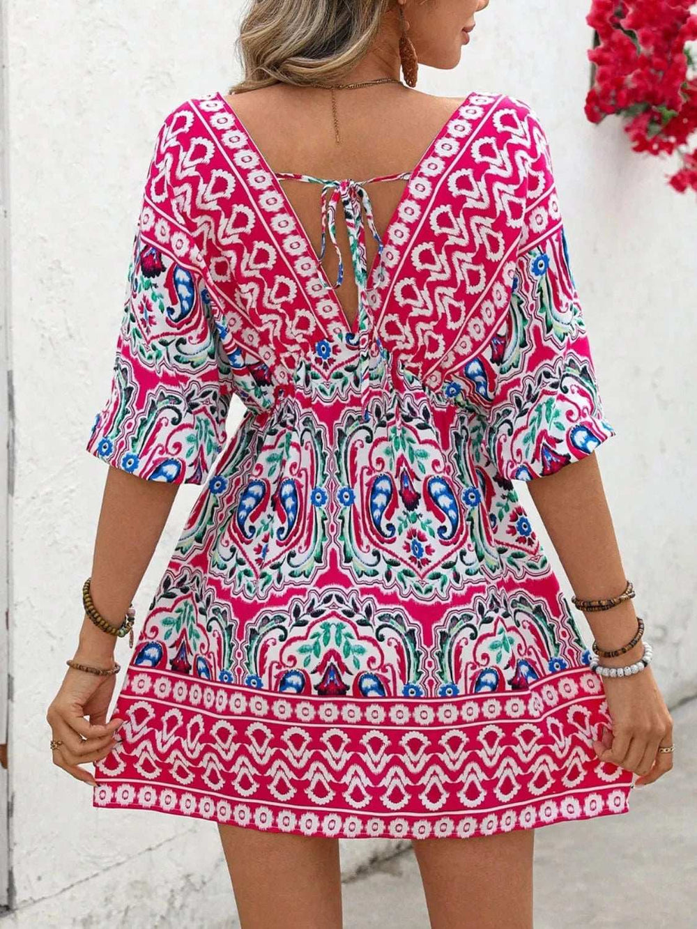 Printed Tie Back Half Sleeve Mini Dress - Trendsi - Flyclothing LLC