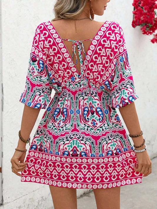 Printed Tie Back Half Sleeve Mini Dress - Trendsi - Flyclothing LLC