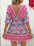 Printed Tie Back Half Sleeve Mini Dress - Trendsi - Flyclothing LLC