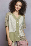 POL Button Down V-Neck Jacket with Printed Woven Patchwork - Trendsi - Flyclothing LLC