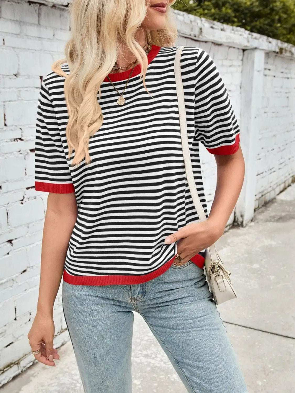 Lovelet Striped Contrast Round Neck Half Sleeve Knit Top - Trendsi - Flyclothing LLC