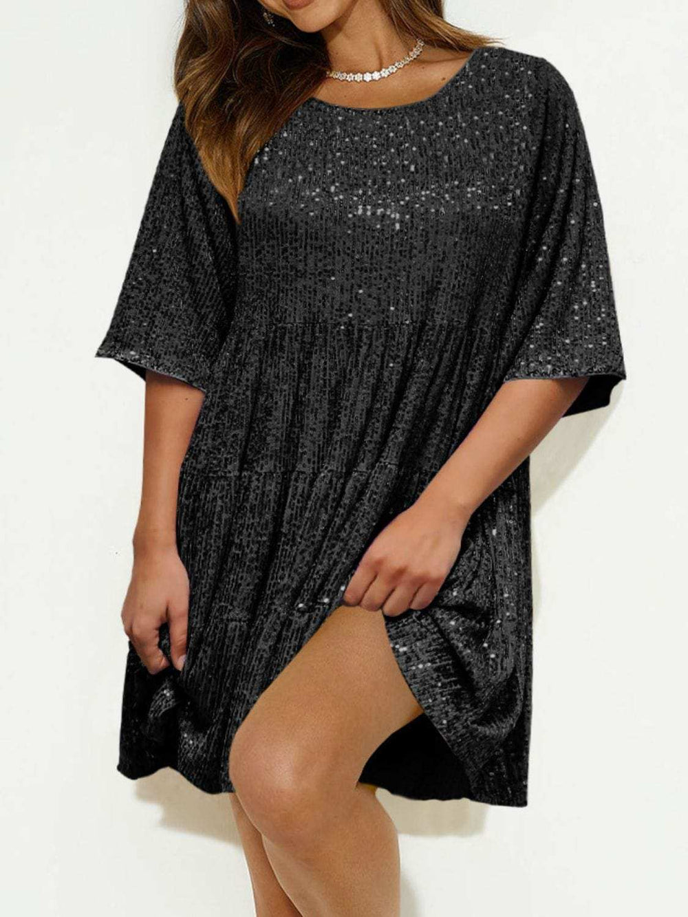 Sequin Round Neck Half Sleeve Mini Dress - Trendsi - Flyclothing LLC