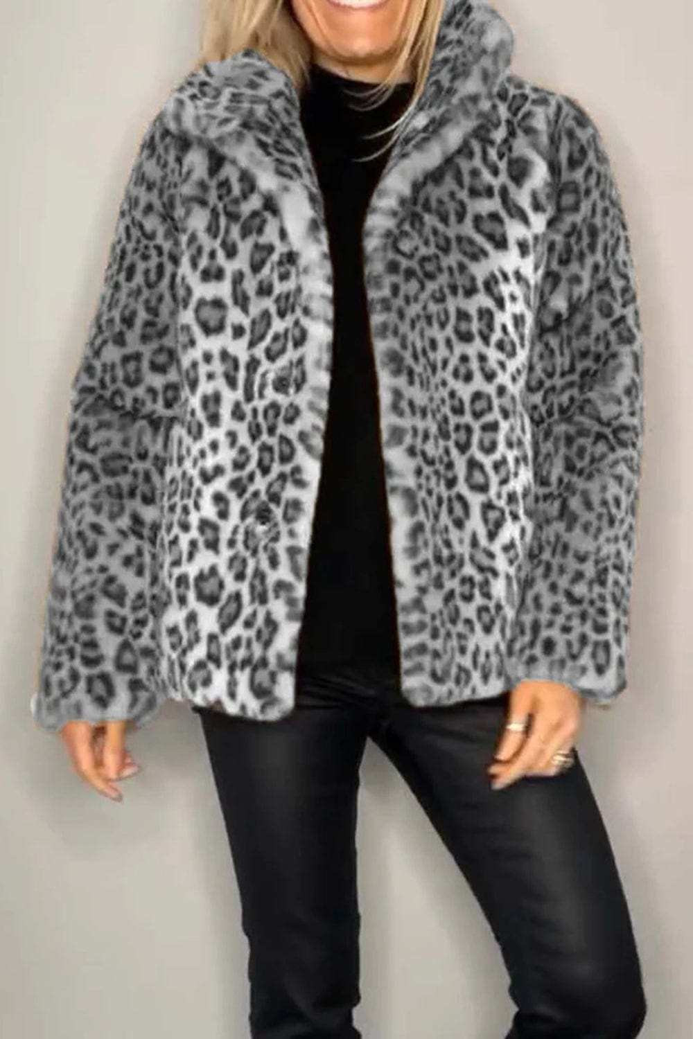 Full Size Leopard Furry Collared Neck Long Sleeve Coat - Trendsi - Flyclothing LLC