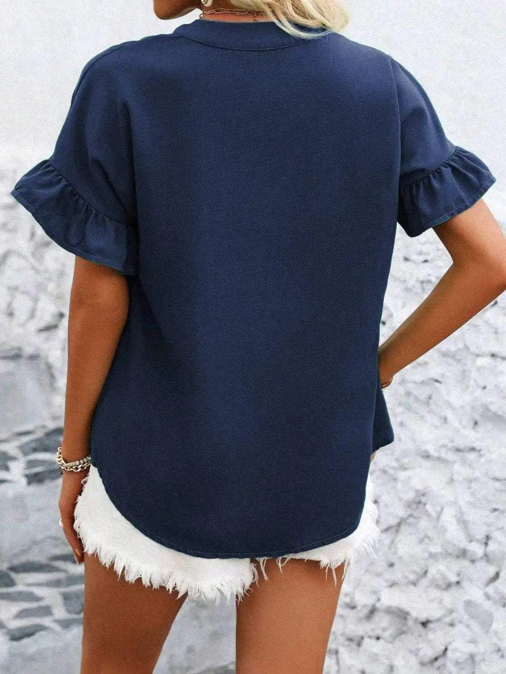 Button Down Ruffled Short Sleeve Shirt - Trendsi - Flyclothing LLC