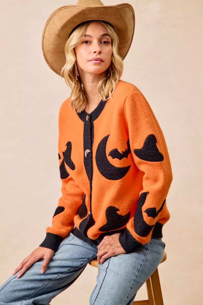 BiBi Halloween Witch Hat Moon Bat Artwork Cardigan - Trendsi - Flyclothing LLC