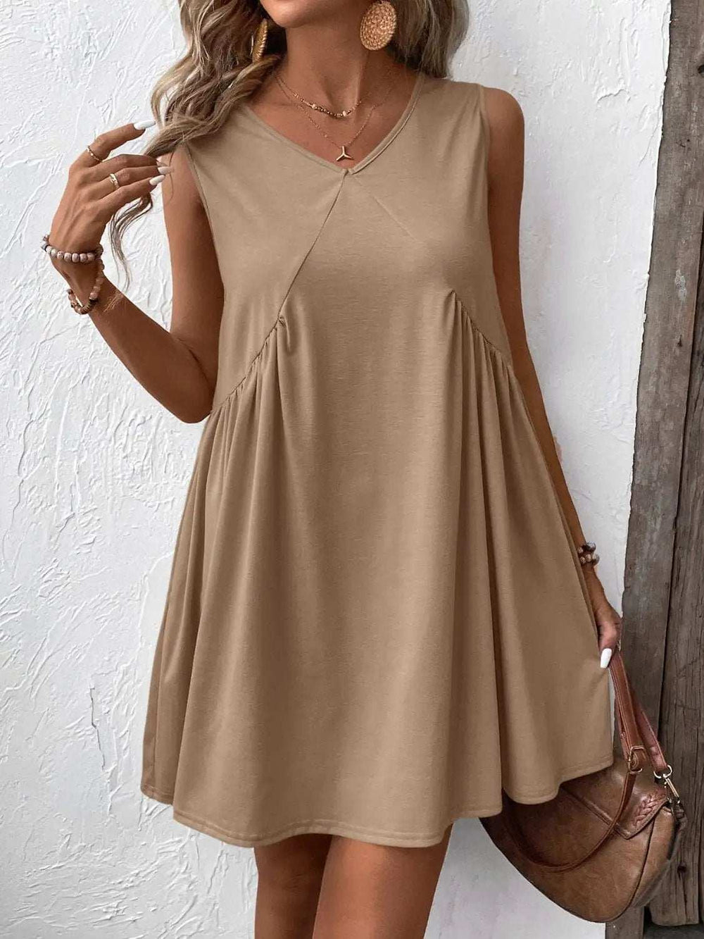 Ivy Lane Ruched V-Neck Sleeveless Mini Dress - Trendsi - Flyclothing LLC