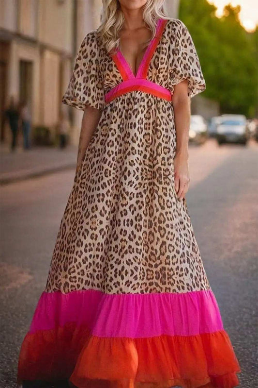 Full Size Leopard V-Neck Half Sleeve Maxi Dress - Trendsi - Flyclothing LLC