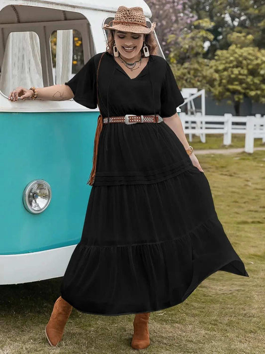 Plus Size Tie Neck Flutter Sleeve Dress - Trendsi - Flyclothing LLC