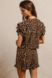 BiBi Leopard Print Waffle Texture Layered Ruffle Sleeve Top and Shorts Set - Trendsi - Flyclothing LLC