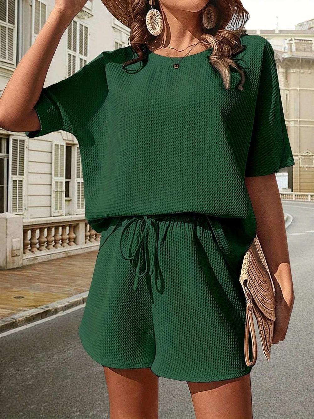 Waffle-Knit Half Sleeve Top and Shorts Set - Trendsi - Flyclothing LLC