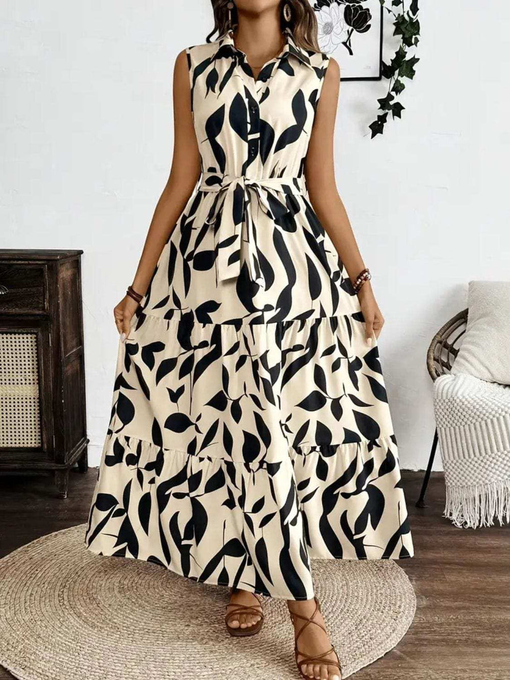 Printed Tie Waist Sleeveless Maxi Dress - Trendsi - Flyclothing LLC