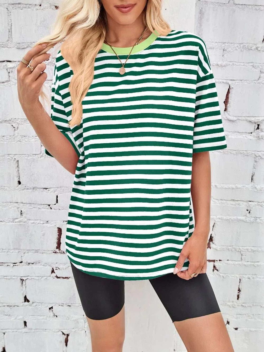 Contrast Striped Round Neck T-Shirt - Trendsi - Flyclothing LLC